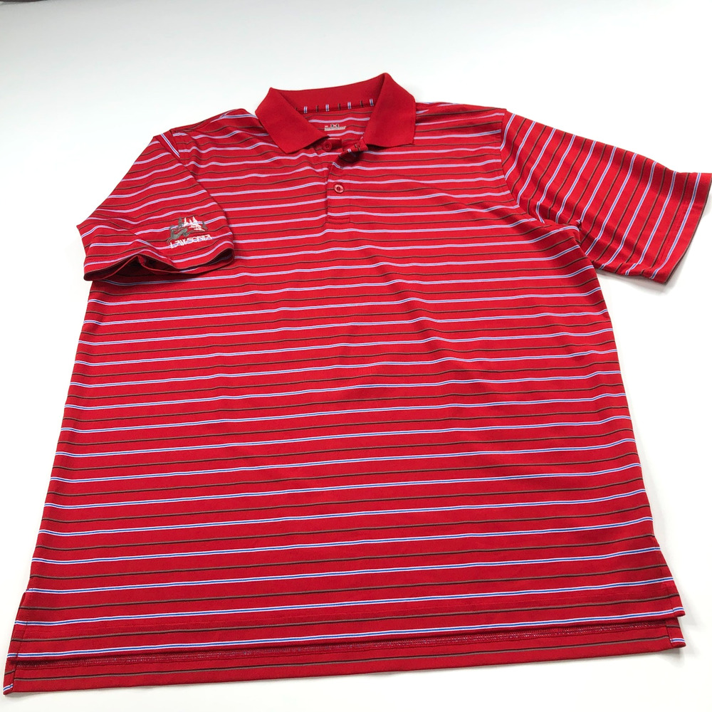 Under Armour Large Mens Golf SS Button Polo Striped Shirt Red LOGO